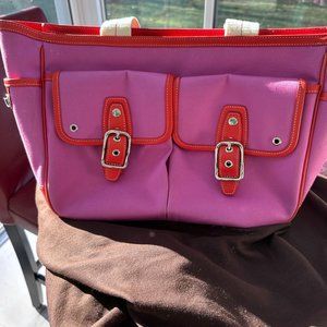 Coach Garden Pink/Fuchsia Twill Large Shoulder Tote Bag Side Pockets Turn Locks